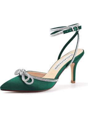 Women's Pointed Toe Ankle Strap Dress Shoes Green High Heels Pumps Rhinestones